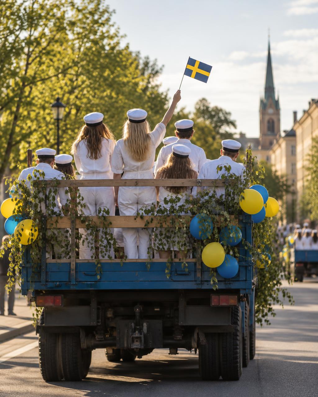 Studenter i vita overallar och studentkepsar åker på ett lastbilsflak dekorerat med svenska flaggor, ballonger och björkris.