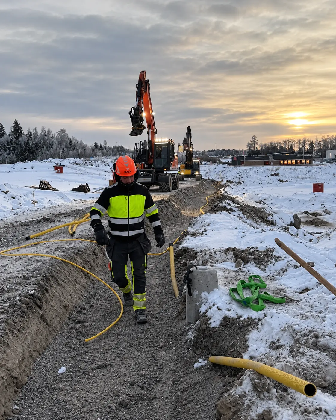 Anställd i varselkläder och hjälm går i schakt framför grävmaskiner i snö