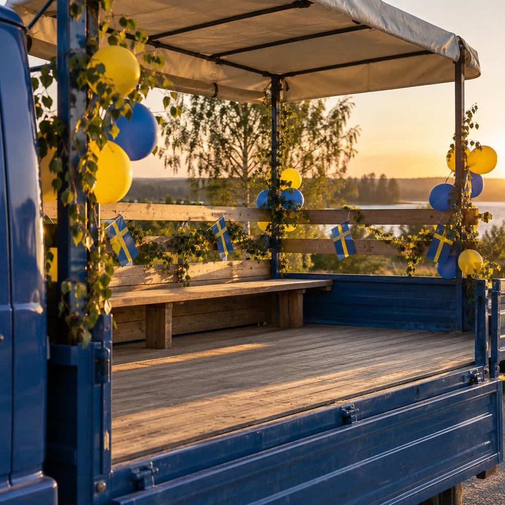 Tomt lastbilsflak dekorerat med björkris, gula och blå ballonger och svenska flaggor i varmt kvällsljus.